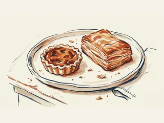 Una tartaleta y un hojaldre rectangular sobre una bandeja de cerámica.