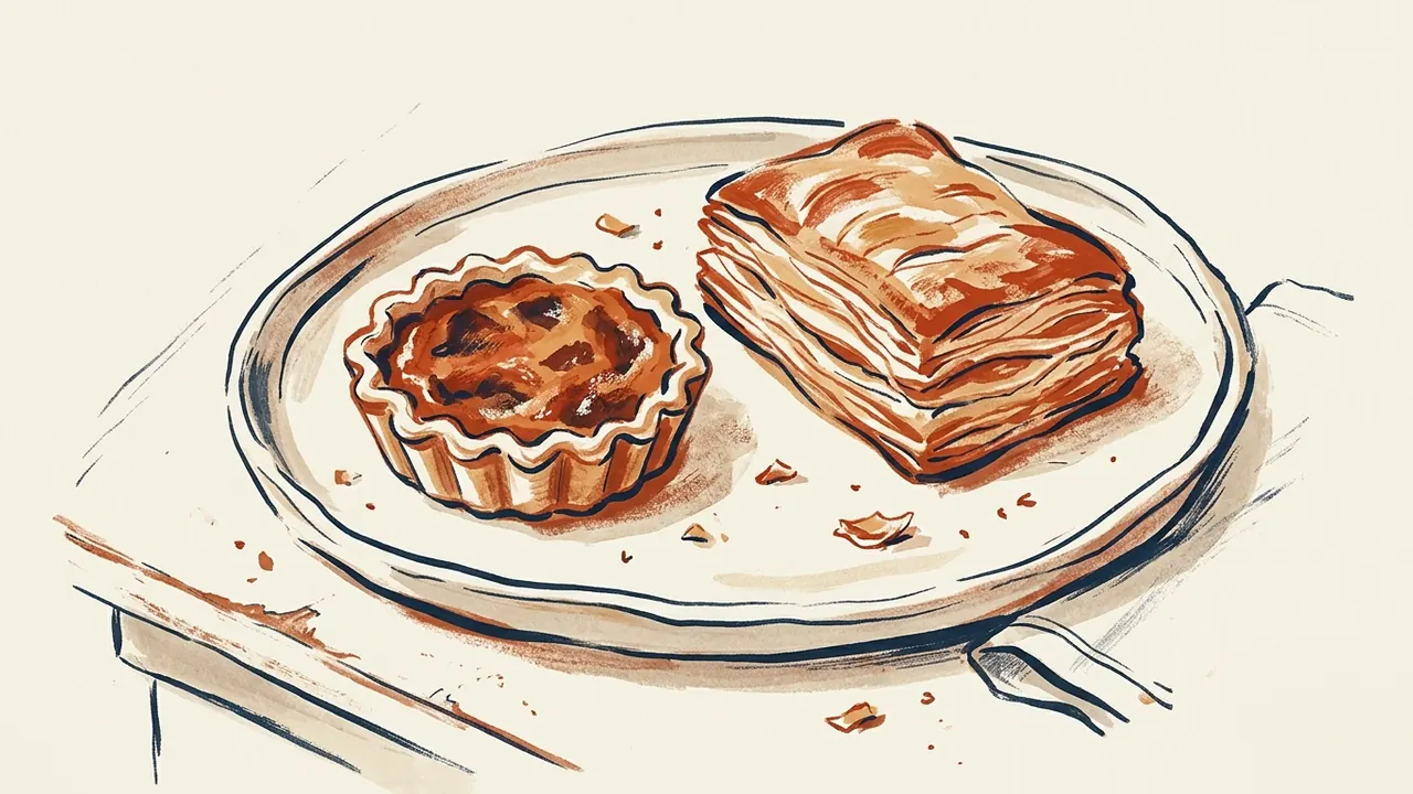 Una tartaleta y un hojaldre rectangular sobre una bandeja de cerámica.