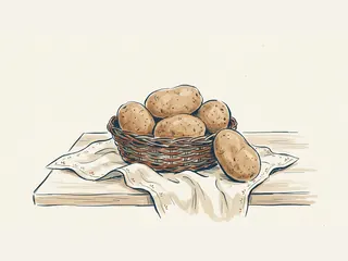 Cinco patatas enteras junto a una cesta de mimbre sobre un paño claro.