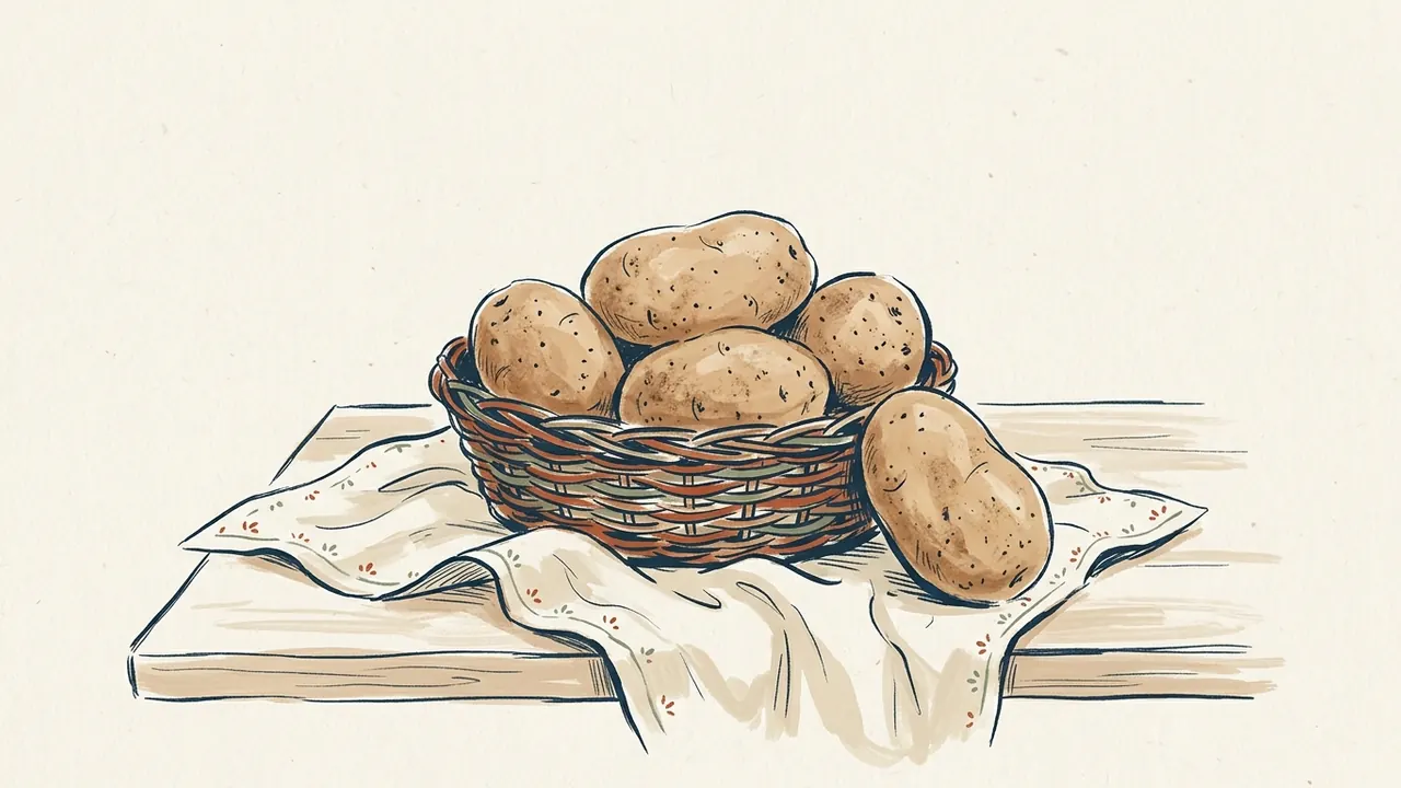 Cinco patatas enteras junto a una cesta de mimbre sobre un paño claro.
