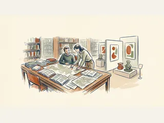 Dos adultos comparan mapas y documentos en una biblioteca junto a una pequeña muestra de arte contemporáneo.