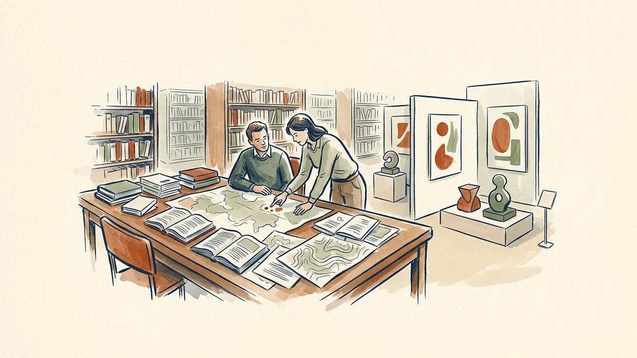 Dos adultos comparan mapas y documentos en una biblioteca junto a una pequeña muestra de arte contemporáneo.