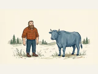 Leñador de cuento con camisa de cuadros junto a un buey azul en un claro con pinos.