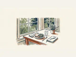 Un almuerzo, un vaso de agua y un cuaderno cerrado descansan sobre una mesa junto a una ventana.