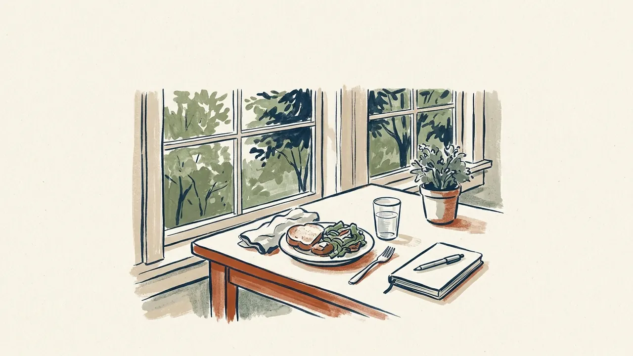 Un almuerzo, un vaso de agua y un cuaderno cerrado descansan sobre una mesa junto a una ventana.