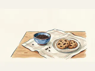 Cuenco de pepitas de chocolate junto a un plato con dos galletas.