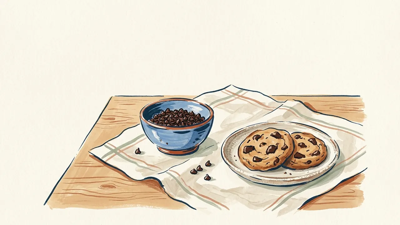 Cuenco de pepitas de chocolate junto a un plato con dos galletas.