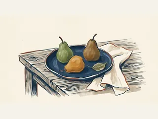 Tres peras de distintos colores en un plato azul junto a una hoja y un paño.