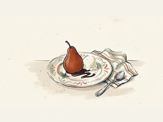 Una pera cocida se sirve con helado de vainilla y salsa de chocolate en un plato decorado.