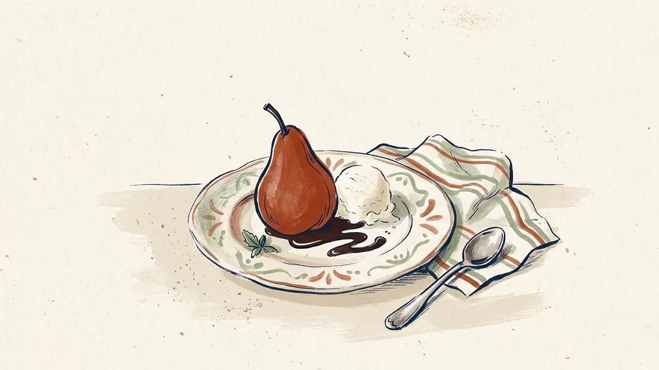 Una pera cocida se sirve con helado de vainilla y salsa de chocolate en un plato decorado.