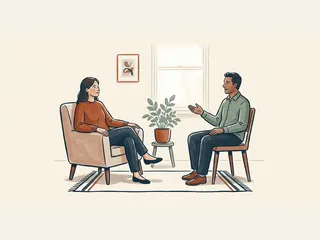 Dos personas adultas conversan sentadas en sillas separadas, con una planta entre ellas.