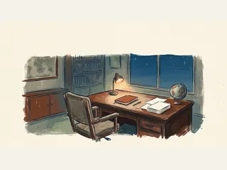 Una silla vacía permanece ante un escritorio con una lámpara encendida, un cuaderno cerrado y un globo terráqueo.