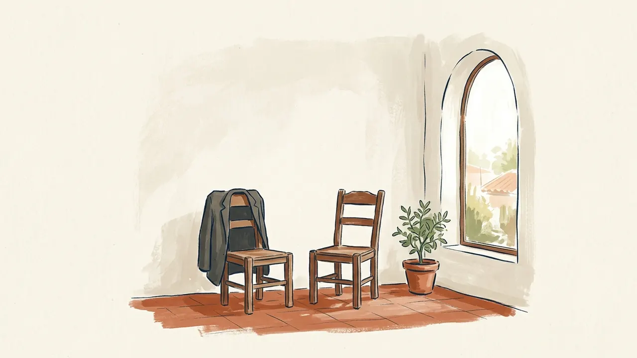 Dos sillas vacías junto a una ventana, una chaqueta en un respaldo y una planta.
