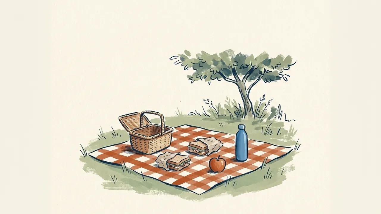 Cesta abierta, dos bocadillos, una manzana y una botella sobre una manta en un parque.