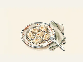 Seis pierogi dorados en un plato de cerámica, con cebolla, tenedor y servilleta.