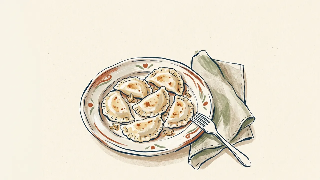 Seis pierogi dorados en un plato de cerámica, con cebolla, tenedor y servilleta.