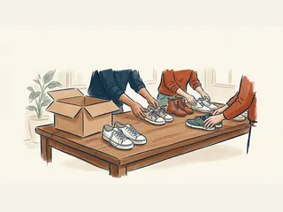 Varias manos ordenan pares de calzado limpio junto a una caja de cartón abierta.