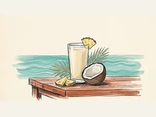Un vaso de bebida clara se acompaña de piña y medio coco sobre una mesa junto al mar.