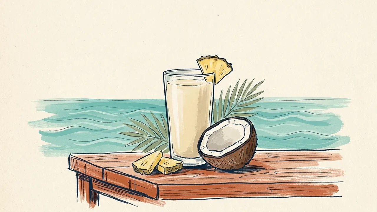 Un vaso de bebida clara se acompaña de piña y medio coco sobre una mesa junto al mar.