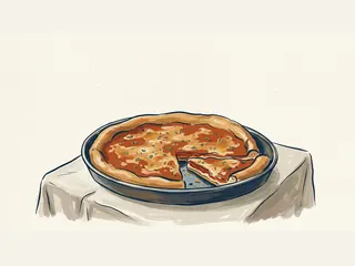 Una pizza de borde alto en un molde redondo muestra una porción separada y las capas del relleno.