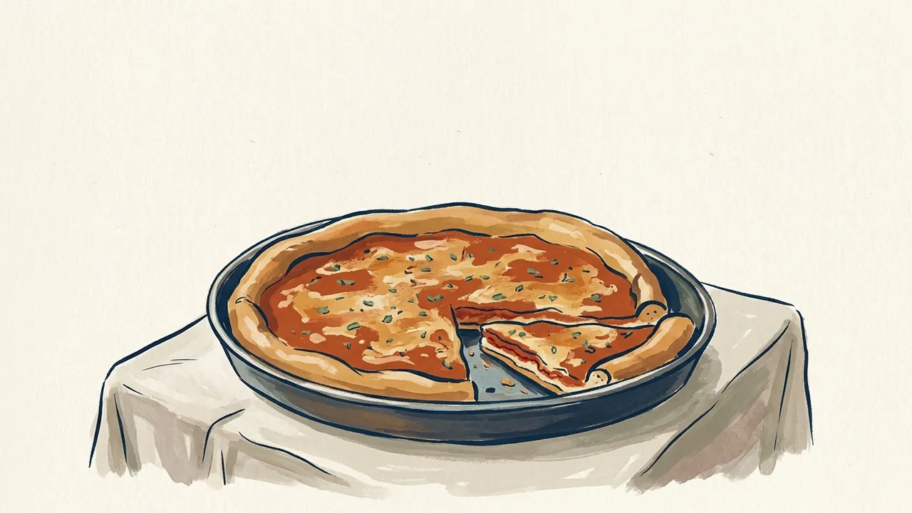 Una pizza de borde alto en un molde redondo muestra una porción separada y las capas del relleno.