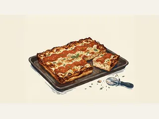 Una pizza rectangular gruesa con salsa sobre el queso y una porción separada en su bandeja.
