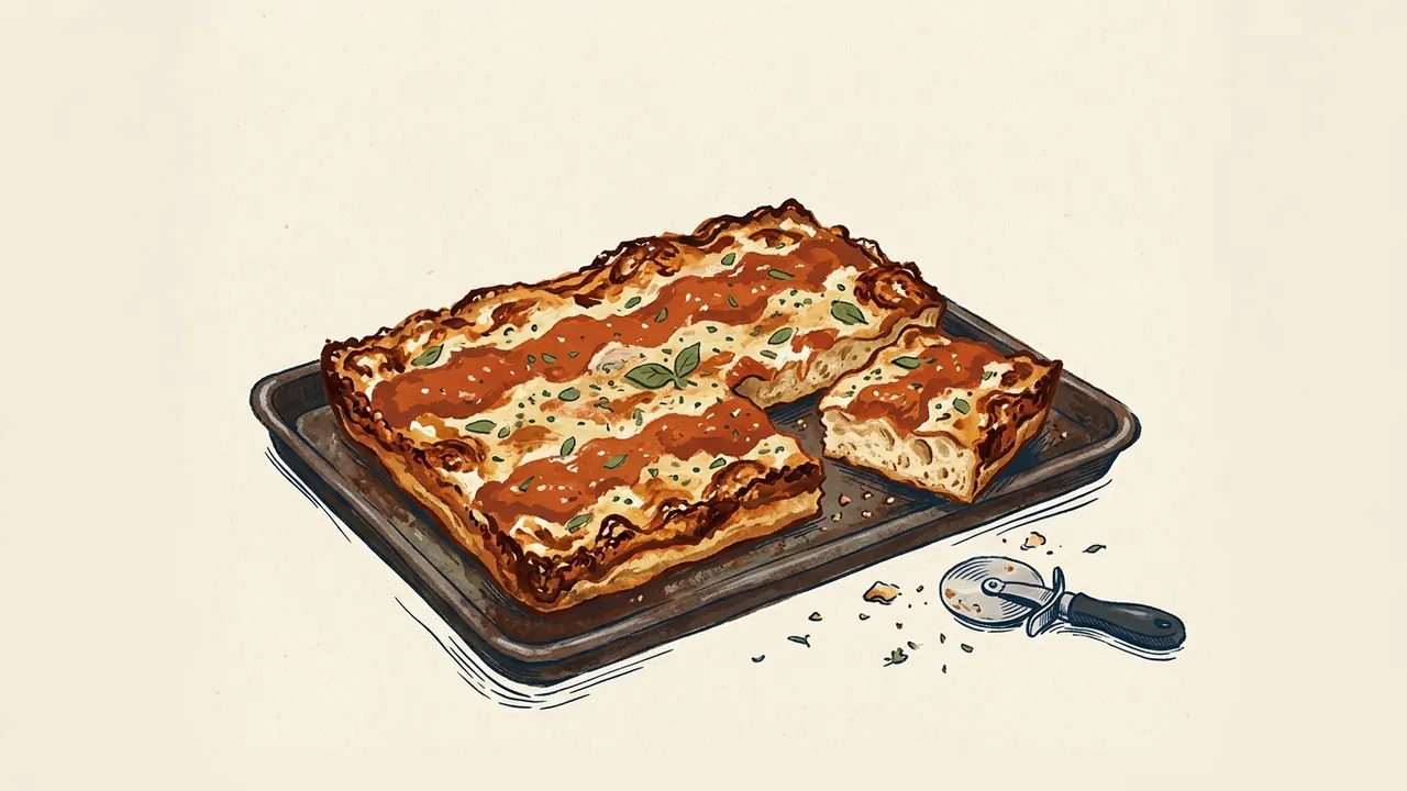 Una pizza rectangular gruesa con salsa sobre el queso y una porción separada en su bandeja.