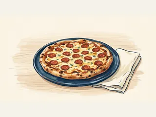 Pizza con rodajas de pepperoni sobre un plato azul, junto a una servilleta.