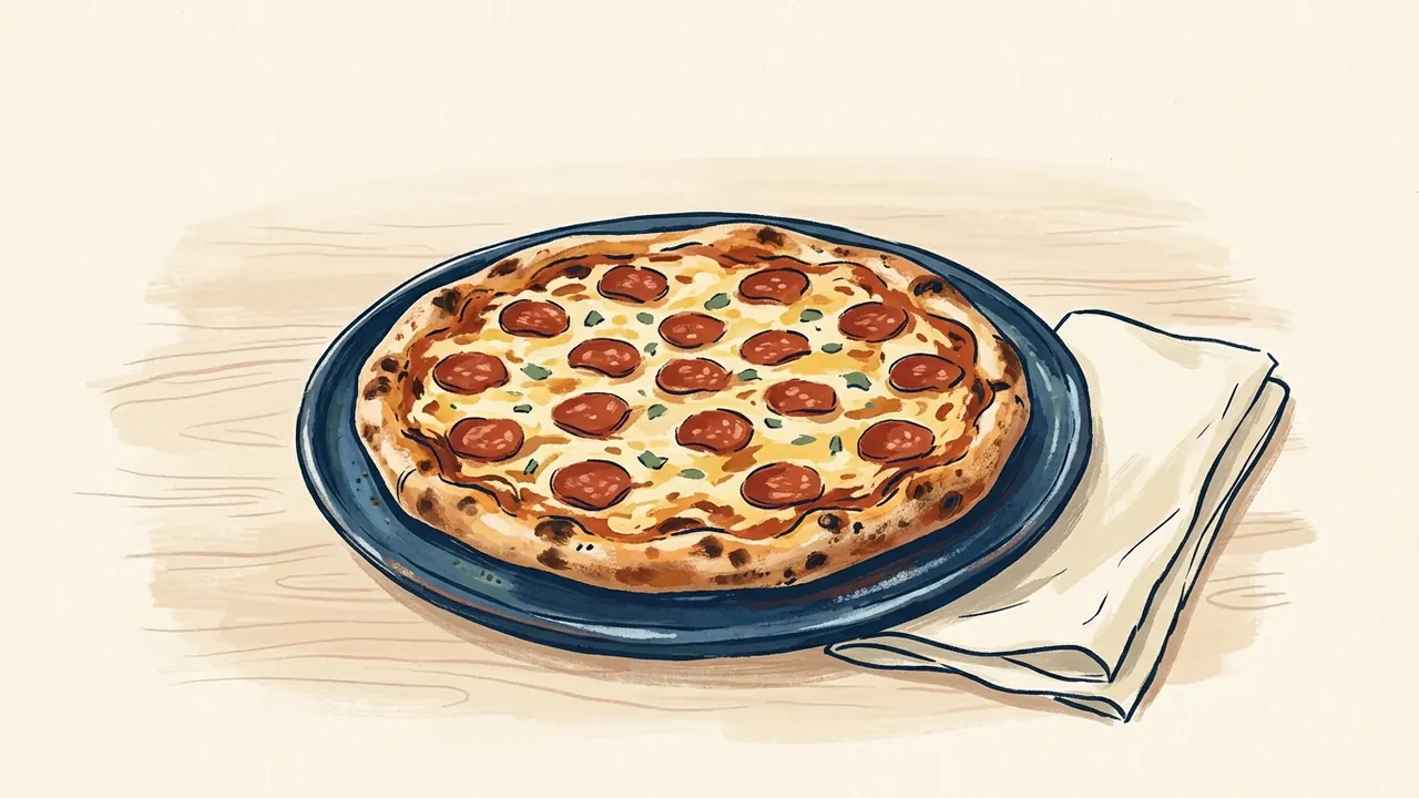 Pizza con rodajas de pepperoni sobre un plato azul, junto a una servilleta.