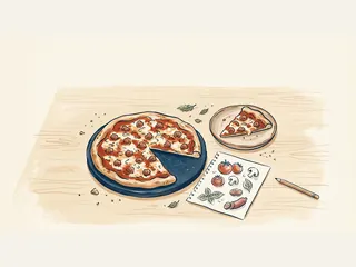 Una pizza con trozos de salchicha y una porción servida acompañan un cuaderno con dibujos de ingredientes.