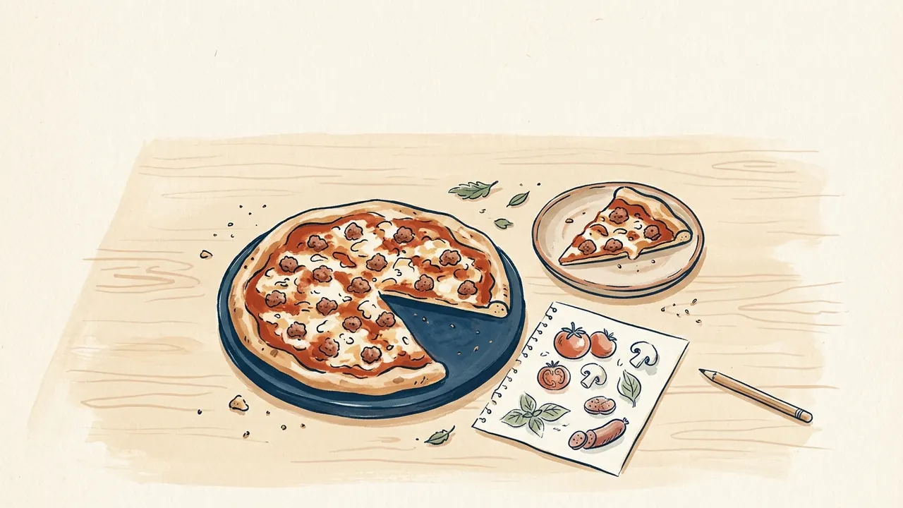 Una pizza con trozos de salchicha y una porción servida acompañan un cuaderno con dibujos de ingredientes.