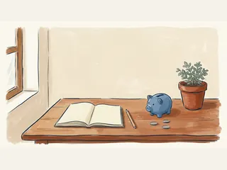 Ilustración de un cuaderno en blanco, un lápiz, una hucha azul y una planta sobre una mesa.