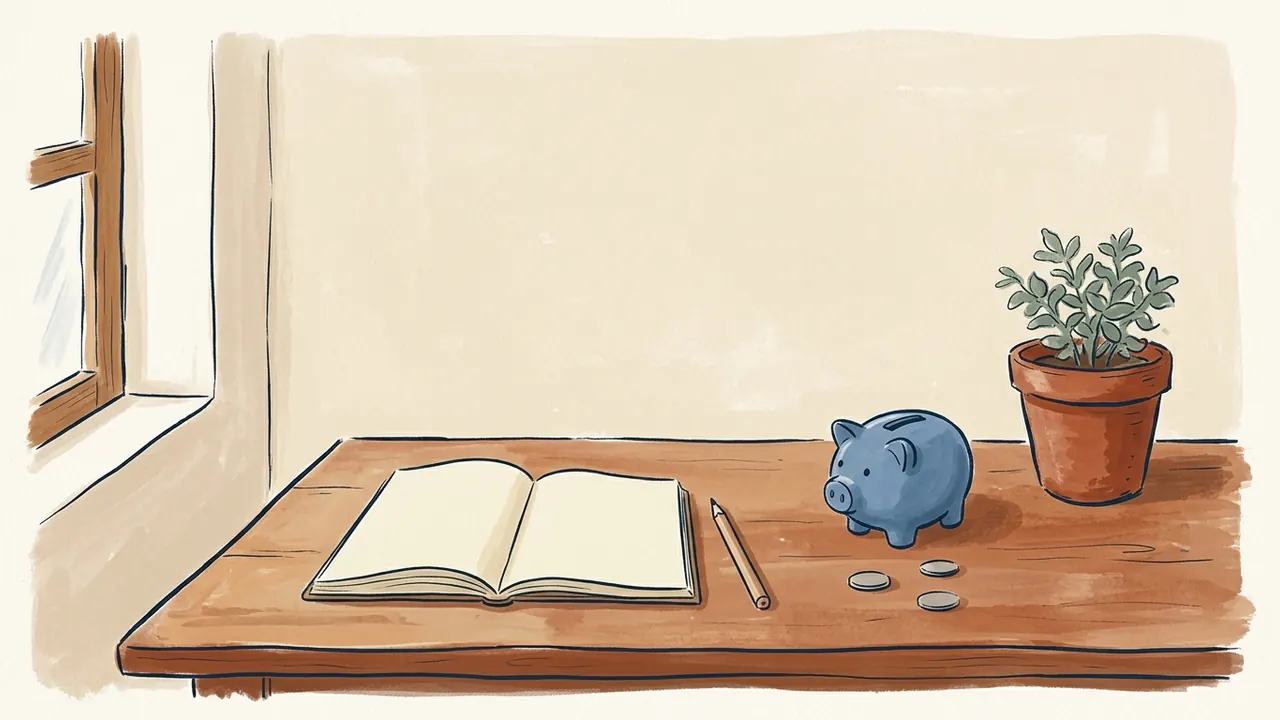 Ilustración de un cuaderno en blanco, un lápiz, una hucha azul y una planta sobre una mesa.