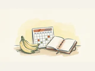 Un pequeño racimo de plátanos junto a un calendario sin cifras y un cuaderno abierto.