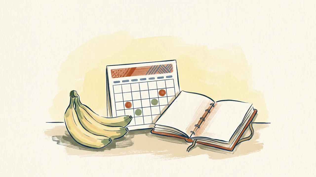 Un pequeño racimo de plátanos junto a un calendario sin cifras y un cuaderno abierto.