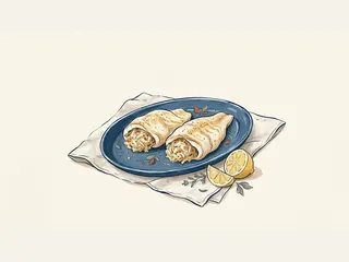 Dos filetes de pescado con relleno de cangrejo sobre una fuente azul junto a un limón.