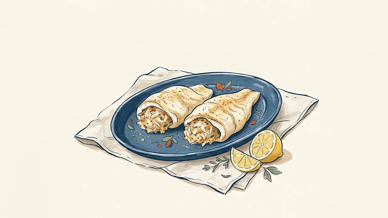 Dos filetes de pescado con relleno de cangrejo sobre una fuente azul junto a un limón.