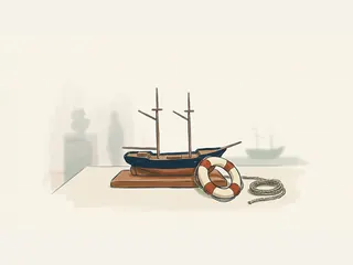 Modelo de barco de dos mástiles sobre una base de madera, con salvavidas y cuerda.
