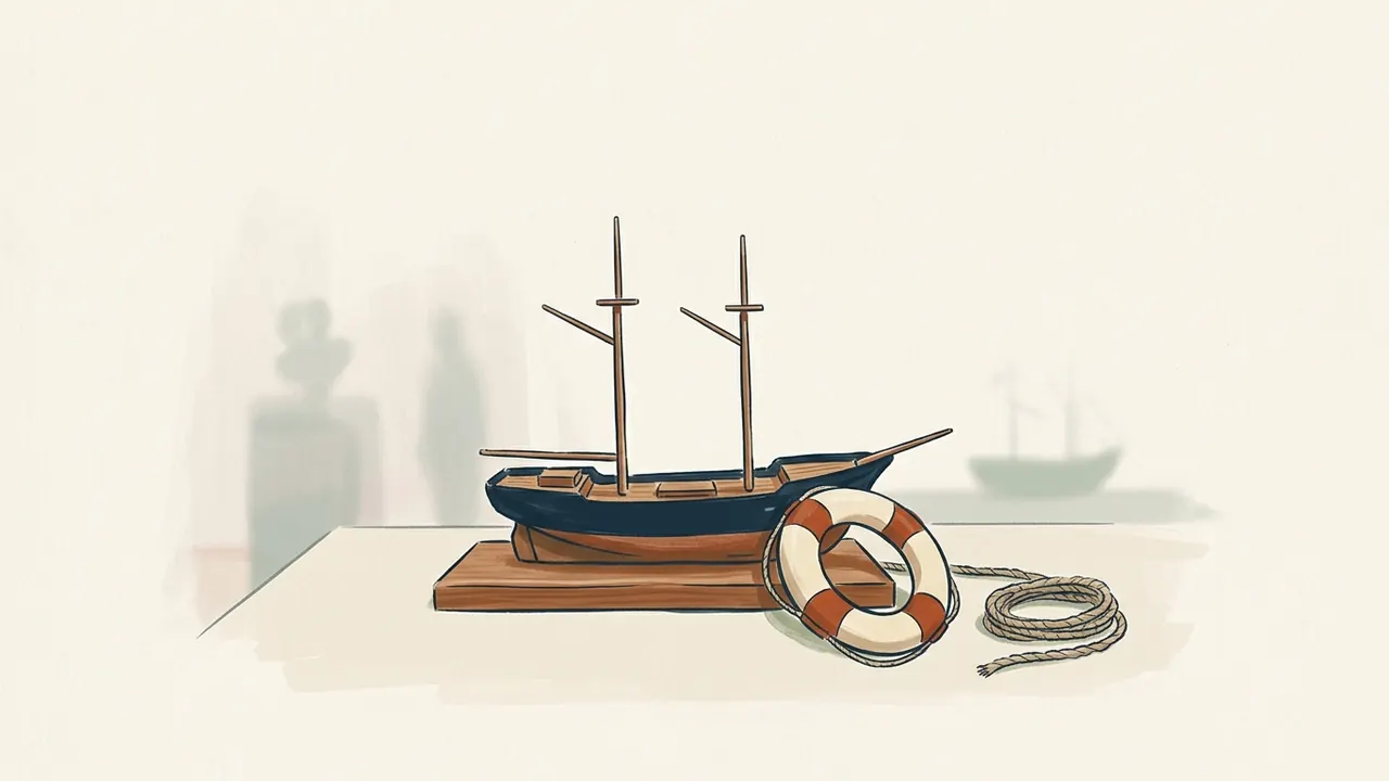 Modelo de barco de dos mástiles sobre una base de madera, con salvavidas y cuerda.