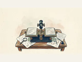 Comparador óptico ilustrativo con dos placas de puntos estelares y esquemas sobre una mesa.