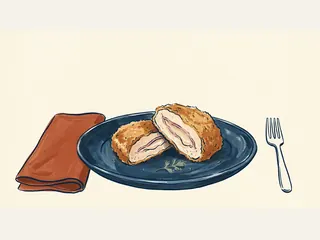 Dos mitades de pollo cordon bleu empanado mostrando jamón y queso.