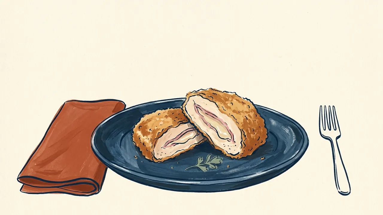 Dos mitades de pollo cordon bleu empanado mostrando jamón y queso.