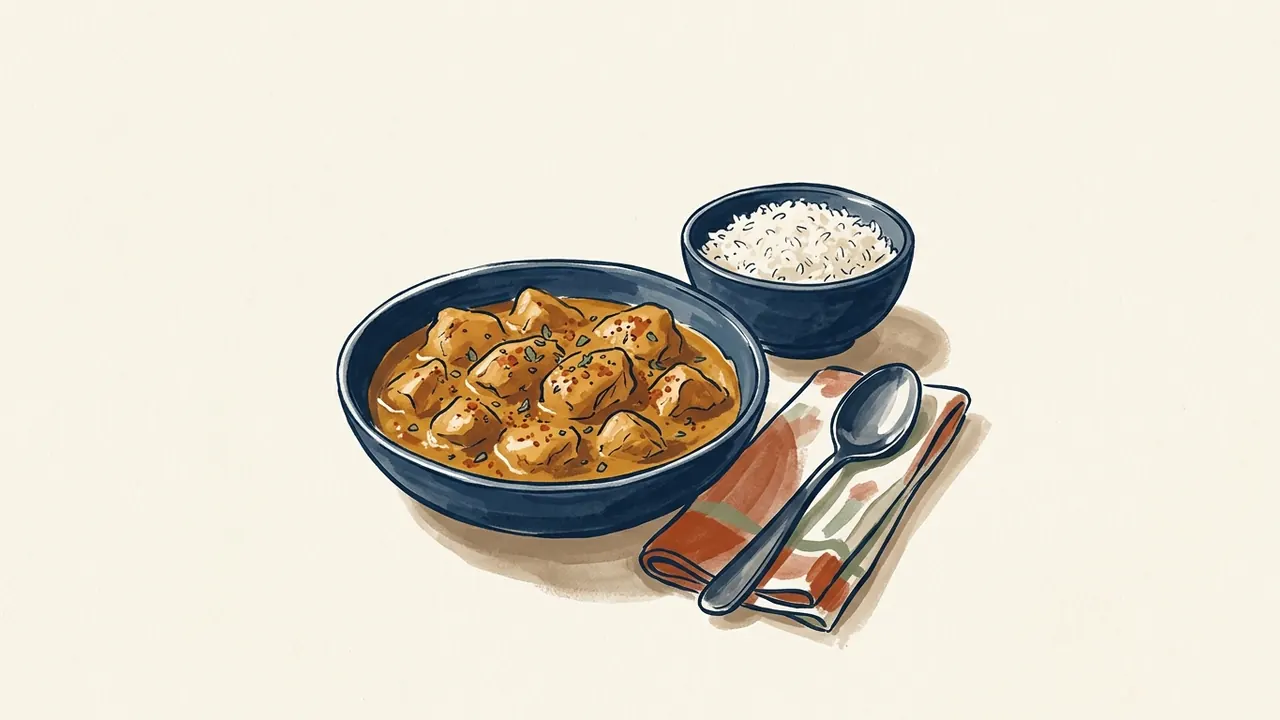 Cuenco de pollo al curry junto a arroz blanco, una cuchara y una servilleta de colores.