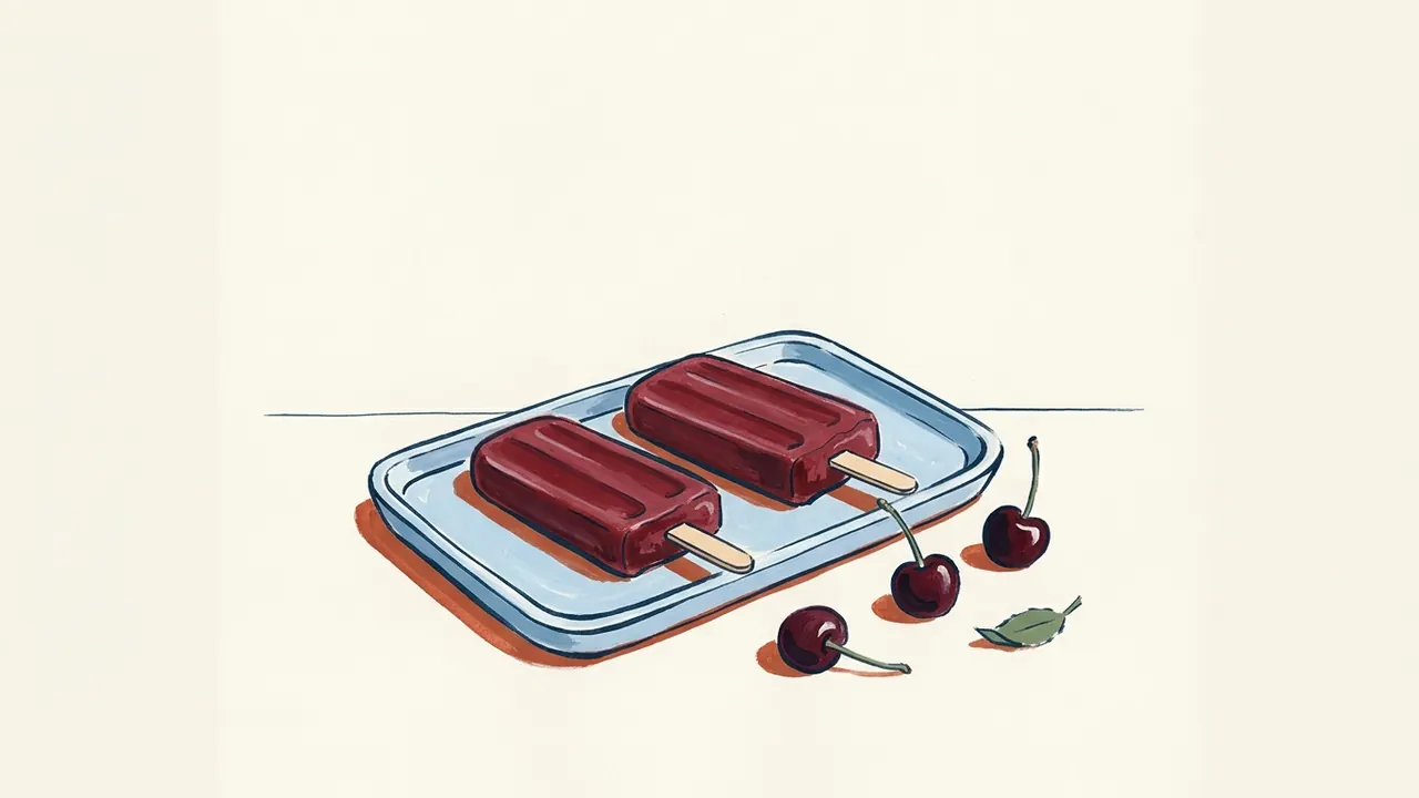 Dos polos de cereza con sus palos sobre una bandeja azul junto a tres cerezas.