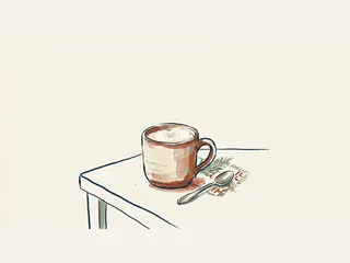 Taza de ponche de huevo cremoso con una cuchara sobre una mesa.