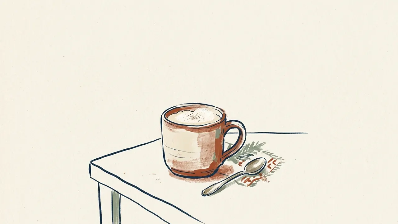 Taza de ponche de huevo cremoso con una cuchara sobre una mesa.