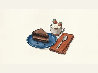 Porción de tarta de chocolate y helado con fresas junto a una cucharilla.