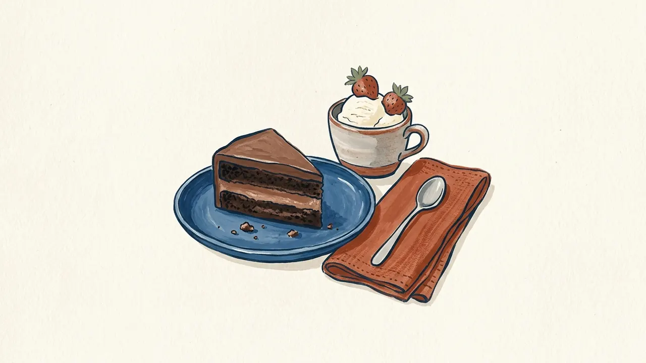 Porción de tarta de chocolate y helado con fresas junto a una cucharilla.