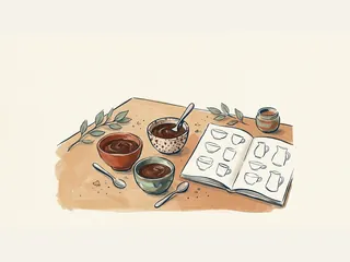 Tres recipientes con crema de chocolate junto a cucharas y dibujos de vajilla.