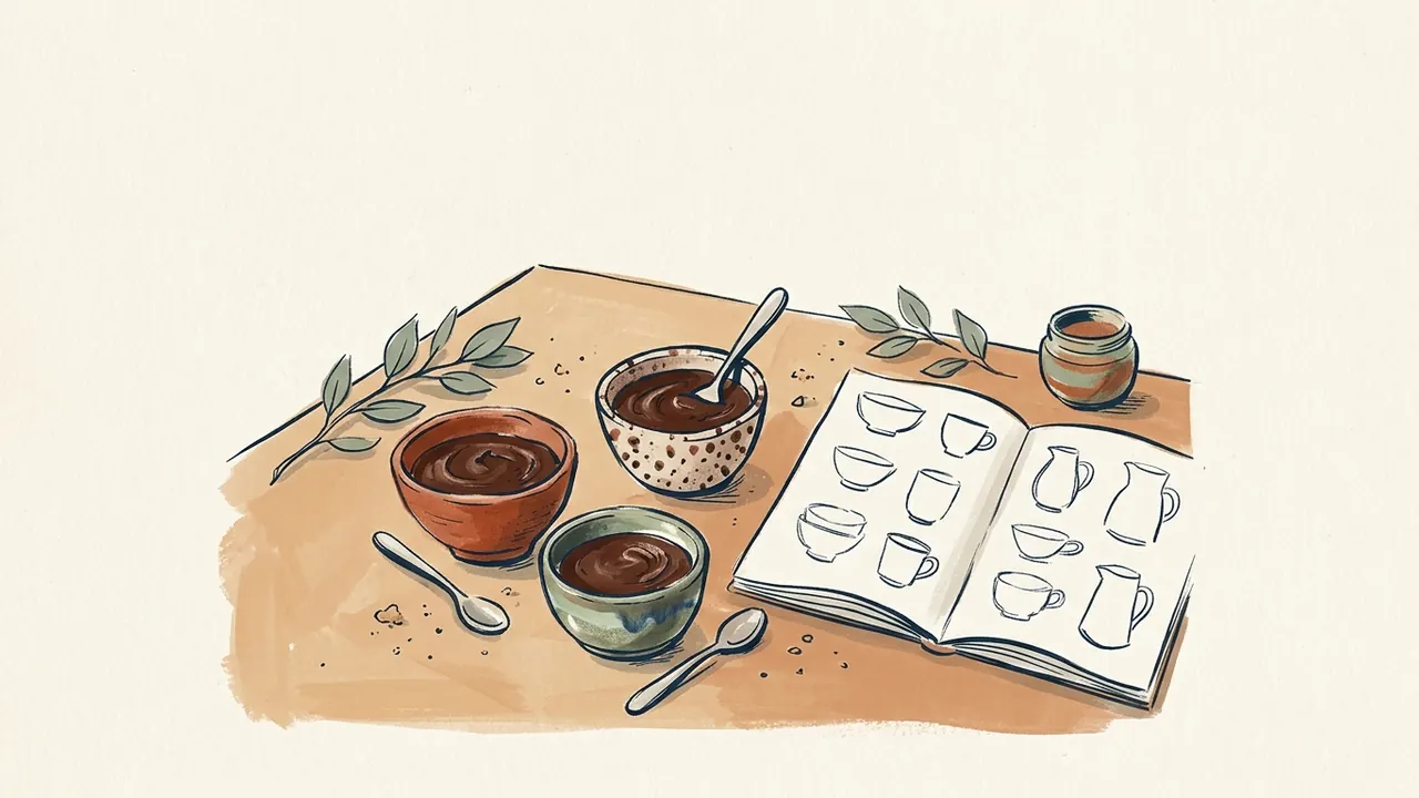 Tres recipientes con crema de chocolate junto a cucharas y dibujos de vajilla.